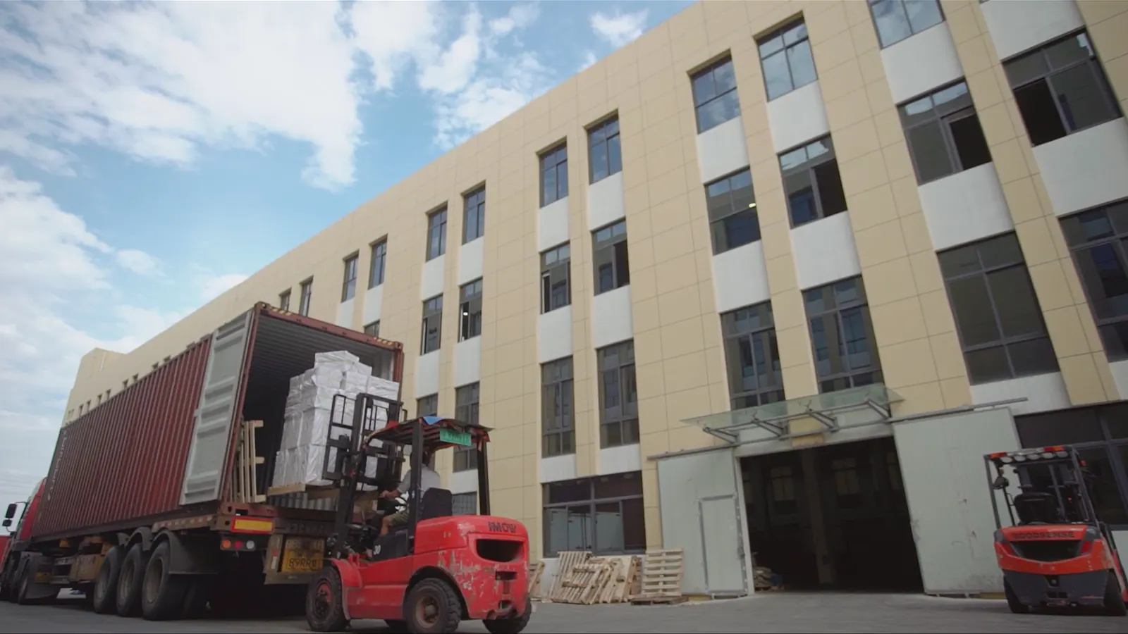 Factory loading area for global adhesive shipments
